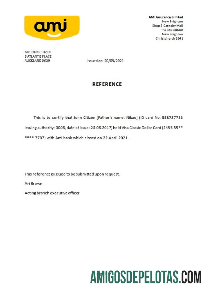 Referência de fechamento do Ami Bank da Nova Zelândia baixar para verificação